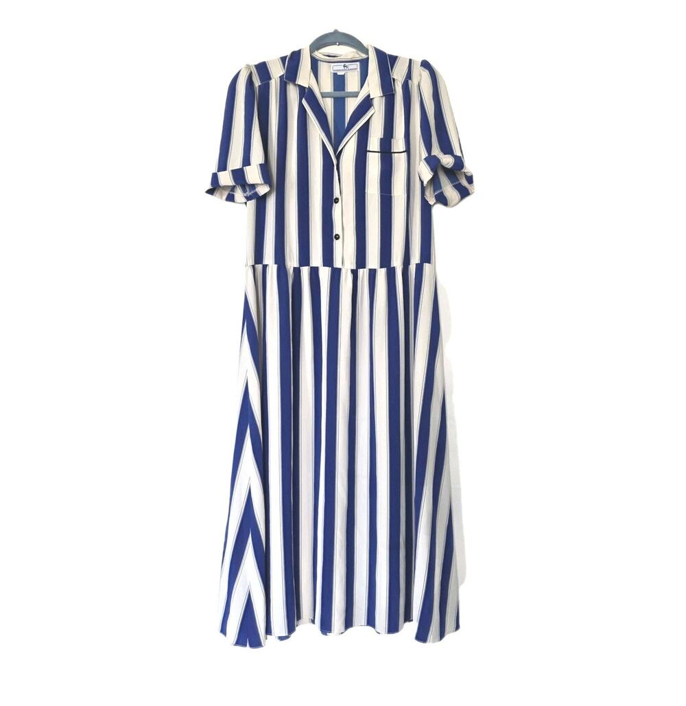Vtg Striped Midi Shirt Dress Womens 9/10 Blue Retro Button Up Pinup Art Teacher